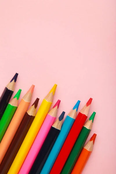 Color Pencils Pink Background Top View — Zdjęcie stockowe