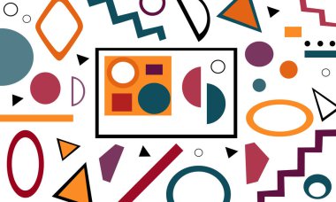 Kareler, üçgenler, mermiler ve çaprazlarla soyut geometrik arkaplan. Renkli modern desen