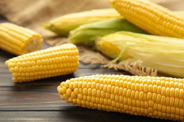 Fresh Corn Cobs Rustic Wooden Background Top View — 스톡 사진