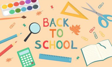Back to school with school items and equipments on beige background. Top view