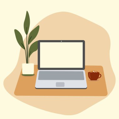 Concept of homework, workspace. Laptop, notebook on a table with plant, cup of coffee. Vector illustration on beige background. Top view