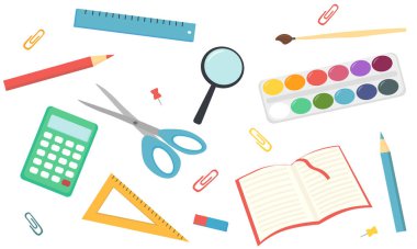 Flat design of school supplies. Calculator, magnifier, eraser, pens, brush, scissors, ruler, notebook, backpack, globe, watercolor.