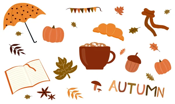 Autumn Icons Set Falling Leaves Pumpkins Cup Coffee Book Other — Stock Vector