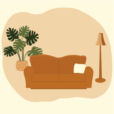 Furniture: sofa, lamp, plant. Living room interior.Flat style vector illustration. Top view
