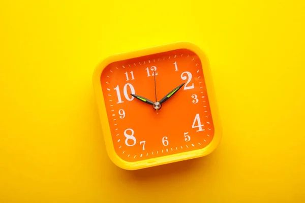 Yellow Alarm Clock Yellow Background Copy Space Top View — Foto Stock