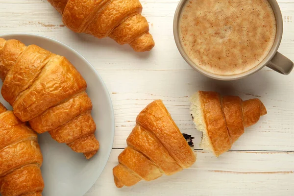 Two French Croissants Plate Cup Coffee White Background Top View — Stock Photo, Image