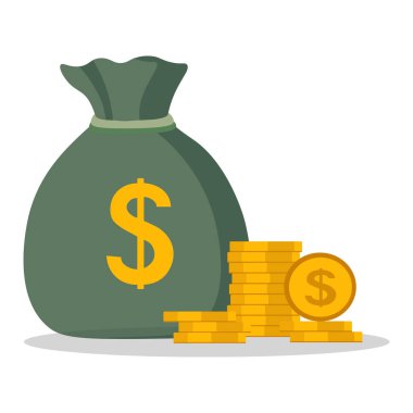 Green sack of dollars and money coins vector icon illustration. Top view