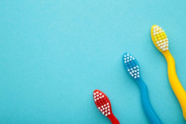 Colorful toothbrushes on blue background with copy space. Top view