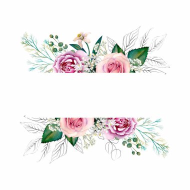 Çiçekli suluboya çelenk / çerçeve / yeşil yapraklı, pembe çiçekler. Düğün davetiyeleri, duvar kağıtları, moda için. Gül, manolya, yeşil yapraklar, agapanthus.