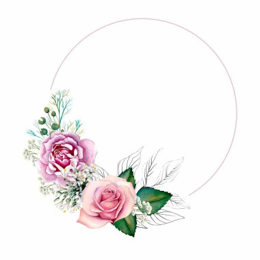 Çiçekli suluboya çelenk / çerçeve / yeşil yapraklı, pembe çiçekler. Düğün davetiyeleri, duvar kağıtları, moda için. Gül, manolya, yeşil yapraklar, agapanthus.