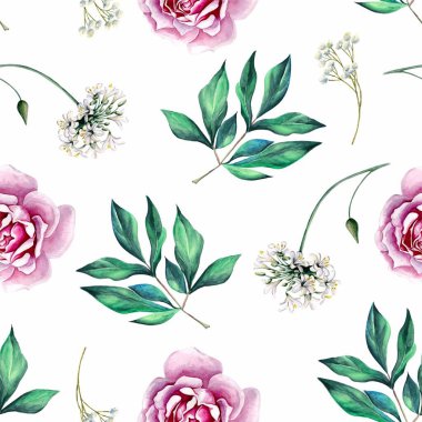Çiçekli suluboya arkaplan, kompozisyon, yeşil yapraklı, pembe çiçekler. Düğün davetiyeleri, duvar kağıtları, moda için. Gül, manolya, yeşil yapraklar, agapanthus. Beyaz arkaplanda resimler