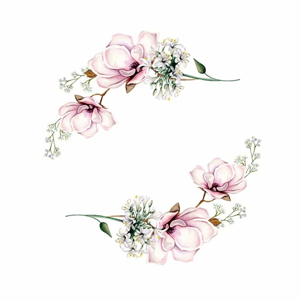Акварельний Квітковий Вінок Рамка Зеленим Листям Рожеві Квіти Весільних Запрошень — стокове фото