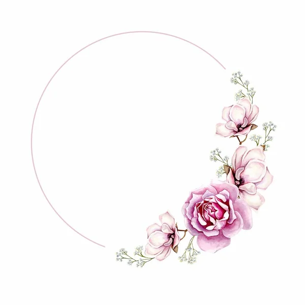 Акварельний Квітковий Вінок Рамка Зеленим Листям Рожеві Квіти Весільних Запрошень — стокове фото