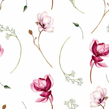 Suluboya çiçek buketi, kompozisyon, yeşil yapraklı, pembe çiçekler. Düğün davetiyeleri, duvar kağıtları, moda için. Gül, manolya, yeşil yapraklar, agapanthus. Beyaz arkaplanda resimler