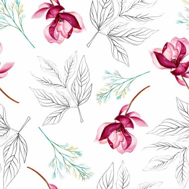 Suluboya çiçek buketi, kompozisyon, yeşil yapraklı, pembe çiçekler. Düğün davetiyeleri, duvar kağıtları, moda için. Gül, manolya, yeşil yapraklar, agapanthus. Beyaz arkaplanda resimler