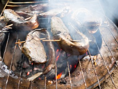 Tadı daha lezzetli olsun diye sigara içilen yayın balığı resmi.