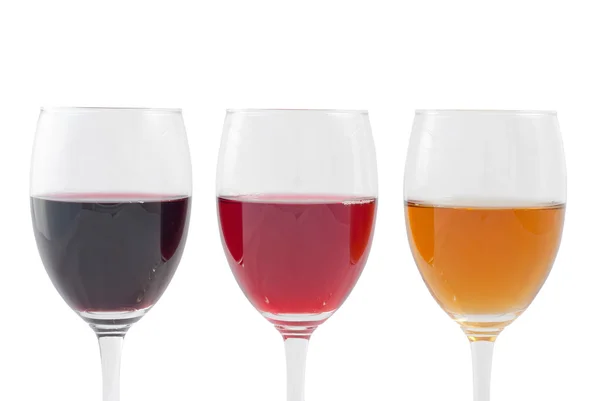 Tři barvy vína. izolované na bílém pozadí, s ořezovou cestou zahrnuté. — Stock fotografie