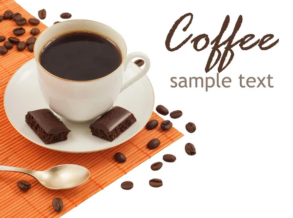 Close-up of white cup of coffee and chocolate (easy removable text) — Stock Photo, Image
