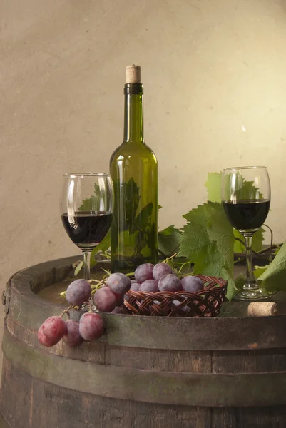 Natureza morta com barril de vinho, uvas e videira — Fotografia de Stock