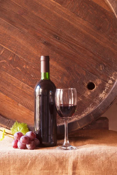 Still life with wine barrel, bread and cheese — Stock Photo, Image