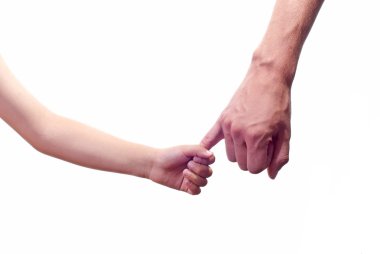 Göl kenarında beyaz arka plan üzerinde el baba ve çocuk