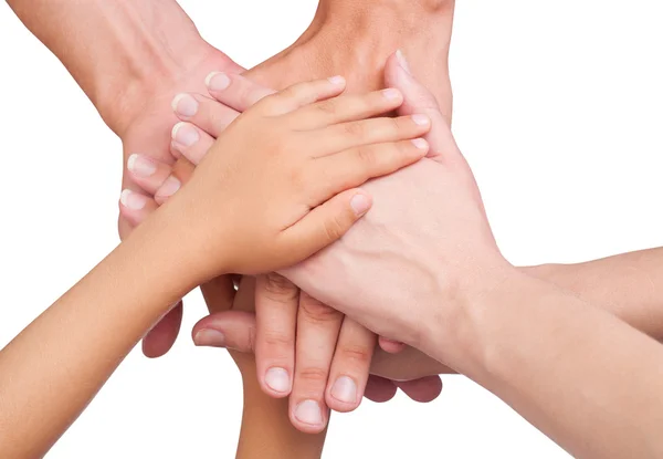 Mâinile umane arată unitate. Izolat pe fundal alb, cu cale de tăiere inclusă — Fotografie, imagine de stoc