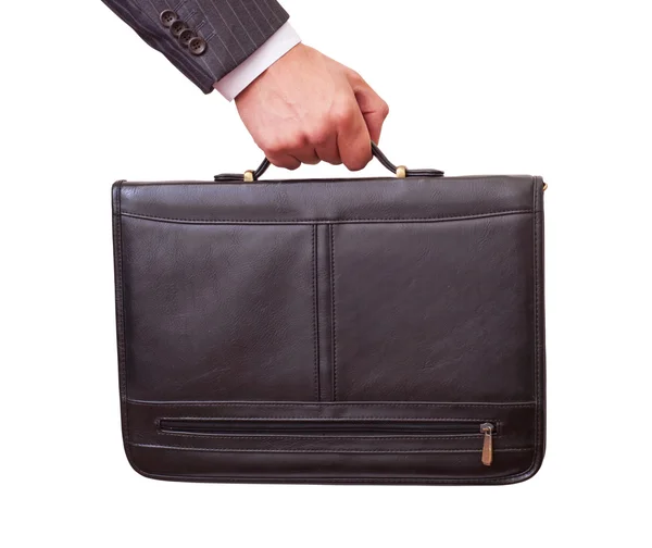 Casual Man holding in hand a briefcase . Isolated on white background. With clipping path included — Stock Photo, Image