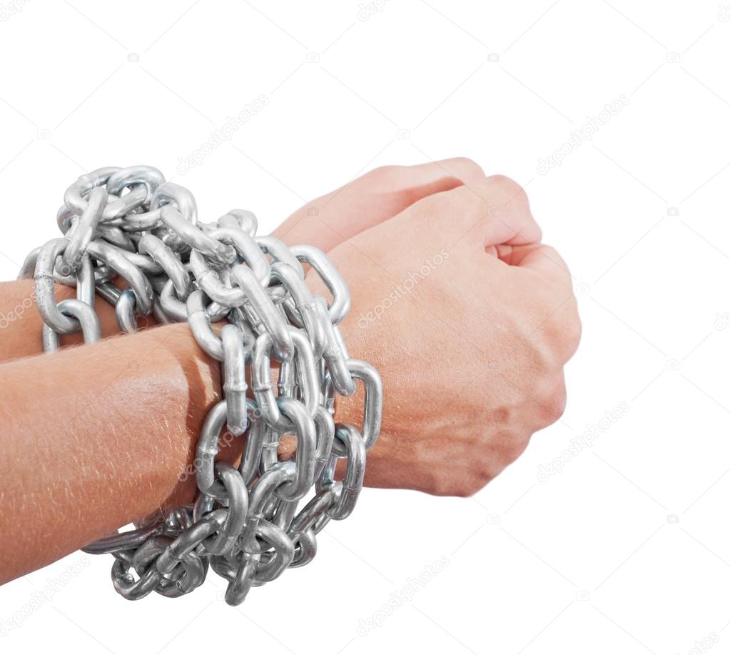 Men's hands inhibitions chain. Isolated on white background. With clipping path included