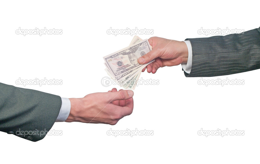 Hand handing over money to another hand isolated on white background