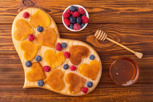 Mini Pancakes Hearts Berries Delicious Breakfast Food Background Valentine Day — Stock Photo, Image