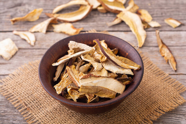 Edible white mushrooms dried . Organic food background ready to cooking