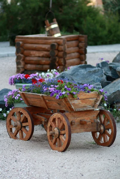 Dekorativní dřevěný vozík s květinami v písku proti studna — Stock fotografie