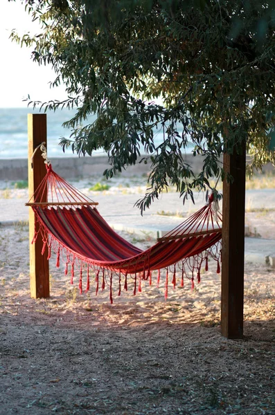 Patterned canvas hammock with tassels between wooden beams under — Stock Photo, Image