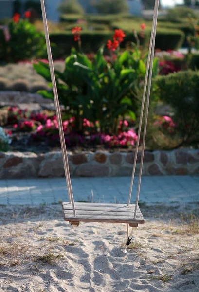 Holzseilschaukel über dem Sand gegen das Blumenbeet — Stockfoto