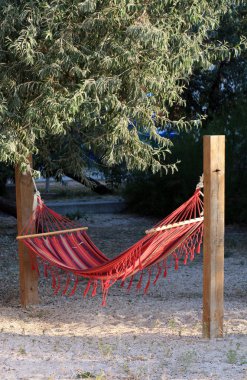 Ahşap Kirişler altında arasında müoynatacaklar desenli tuval hamak