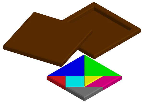 Çin tangram bulmacanın yakınındaki bir ahşap kutu — Stok Vektör