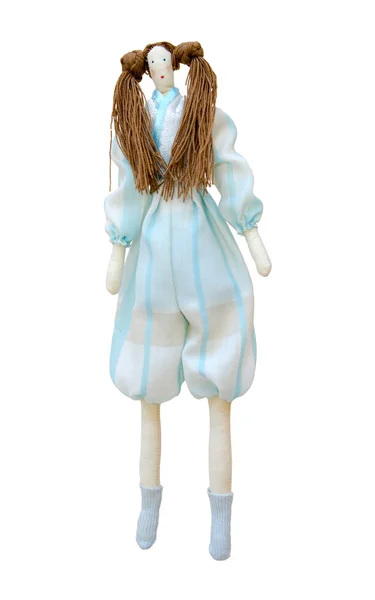Muñeca hecha a mano aislada en un traje de pantalón con dos colas de caballo —  Fotos de Stock