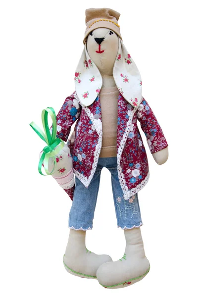 Isolated handmade doll hare in fashionable clothes with carrots — Stock Photo, Image