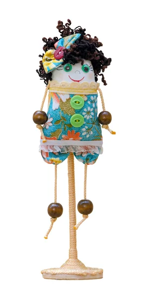 Handmade doll soft toy isolated funny girl on the stand — Stock Photo, Image