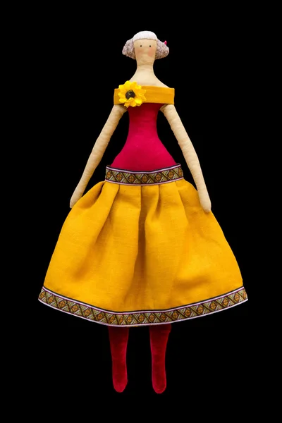 Handmade isolated doll girl in Ukrainian folk style dress — Stock Photo, Image