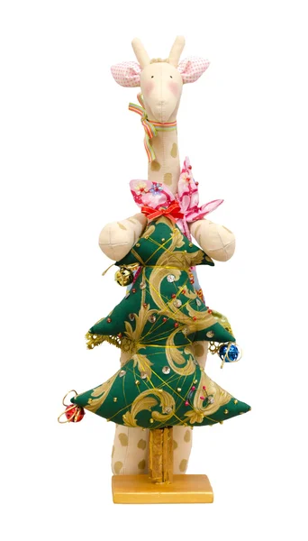 Handmade soft toy isolated New Year tree and giraffe — Stock Photo, Image