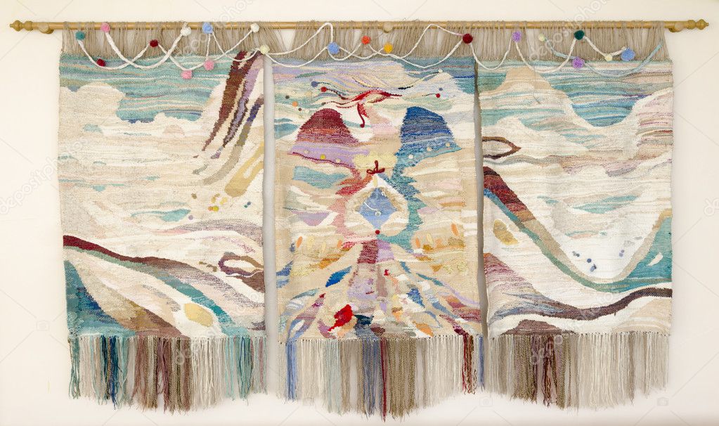 Handmade embroidered wall panels with bird and mountain landscap