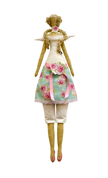 Handmade isolated doll in dress and pants with wings and roses — Stock Photo, Image