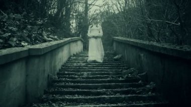 Beyaz elbiseli gizemli kadın hayalet sisli ormanda merdivenlerden iniyor.