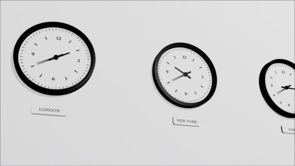 Relojes Con Diferentes Zonas Horarias Internacionales Aislados Blanco — Vídeos de Stock
