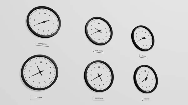 白色背景上的世界时钟 图为不同城市的时间 3D渲染图像 — 图库照片