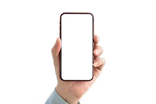 Hand Hält Smartphone Mit Leerem Bildschirm Isoliert Auf Weißem Hintergrund — Stockfoto