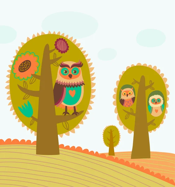 Schattig kleurrijke bomen met uilen — Stockvector