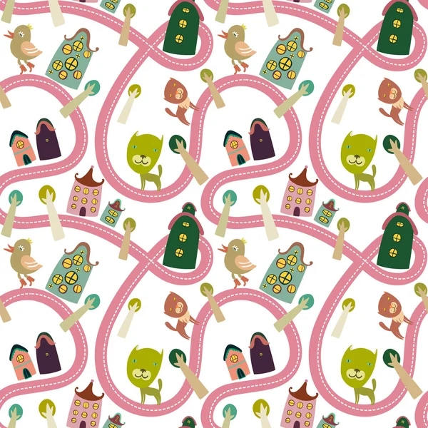 Road seamless pattern with houses and animals