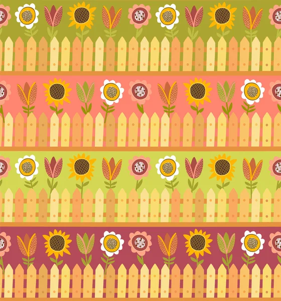 Country seamless pattern with fence and flowers — Stock Vector